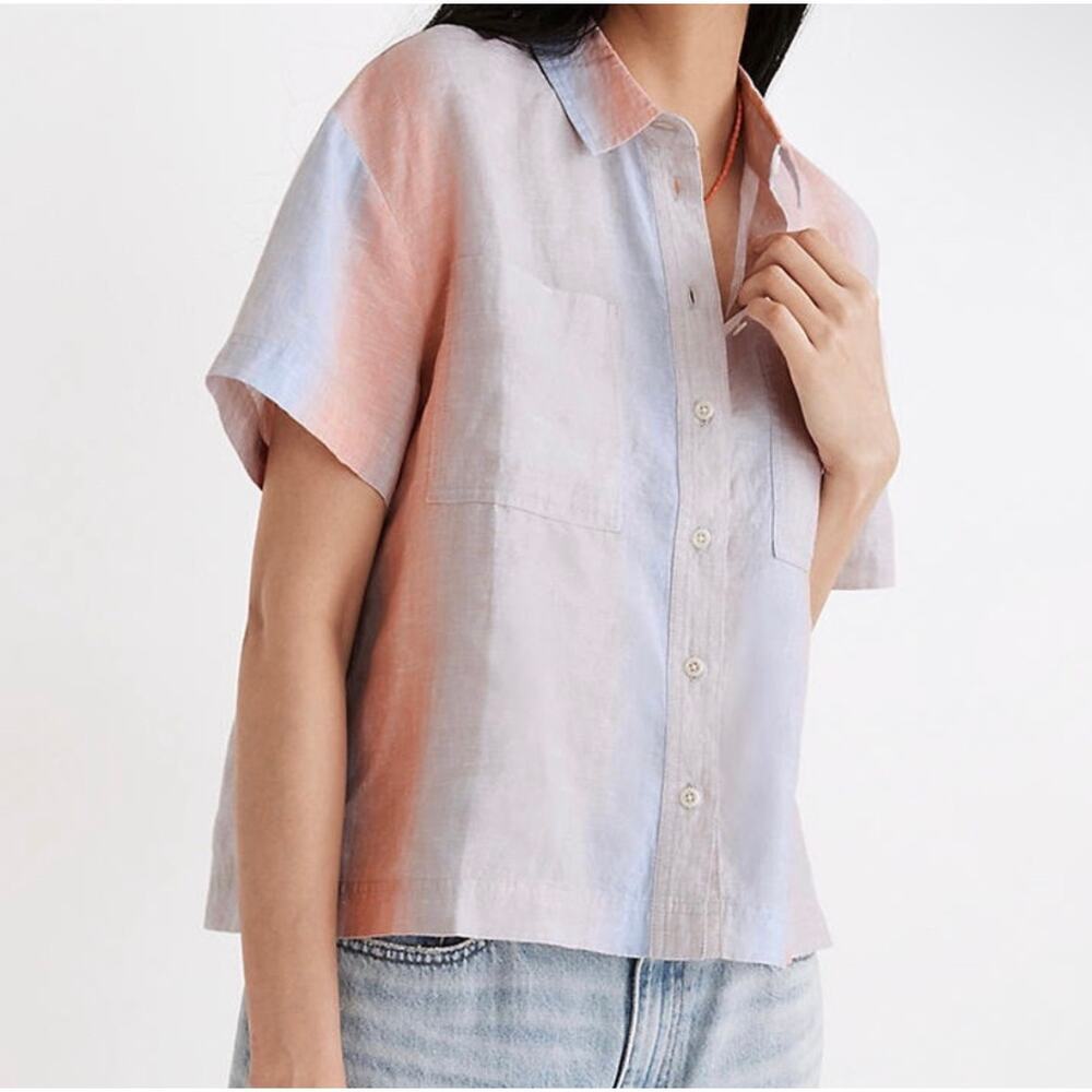 Madewell XS Shirt Blue Ombré Stripe Linen Beachside Short Sleeves Button Up